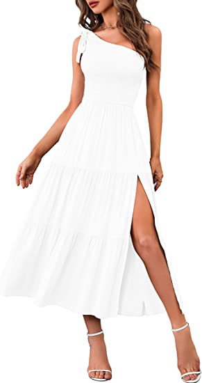 Women's one-shoulder dress with layered hem and pleats