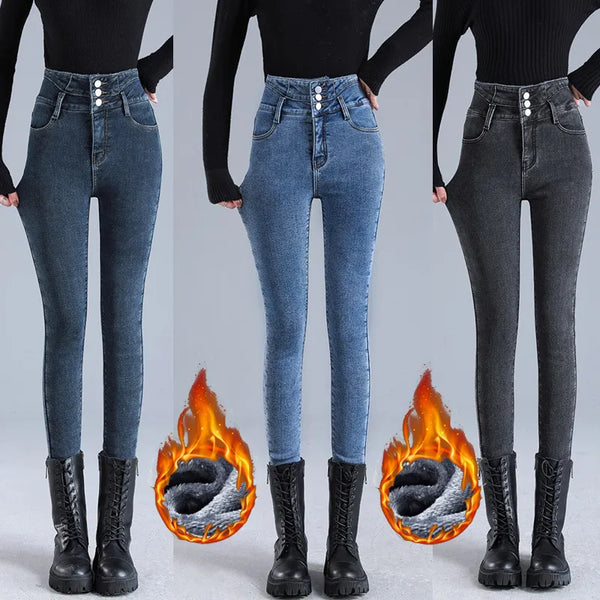 Women's high-waisted winter thermal jeans