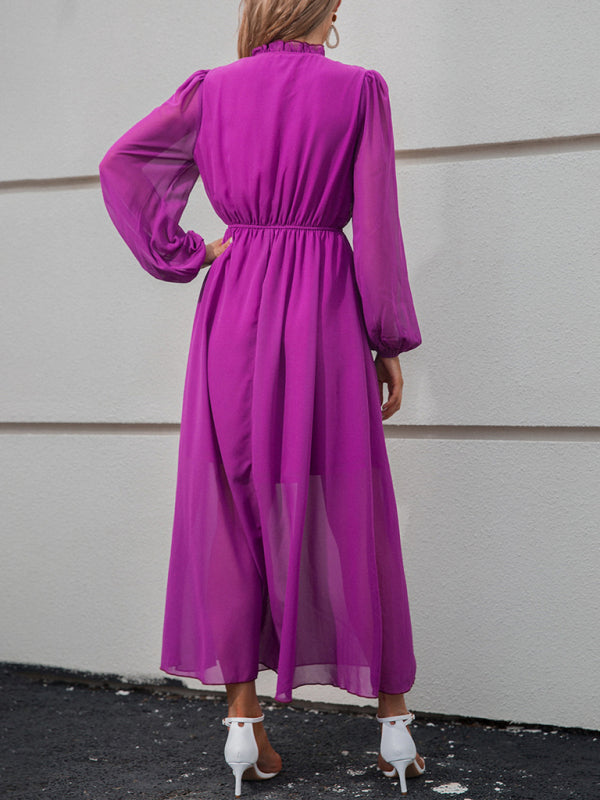 Woman'S Autumn New V-Neck High Waist Purple Skirt Tie Dress