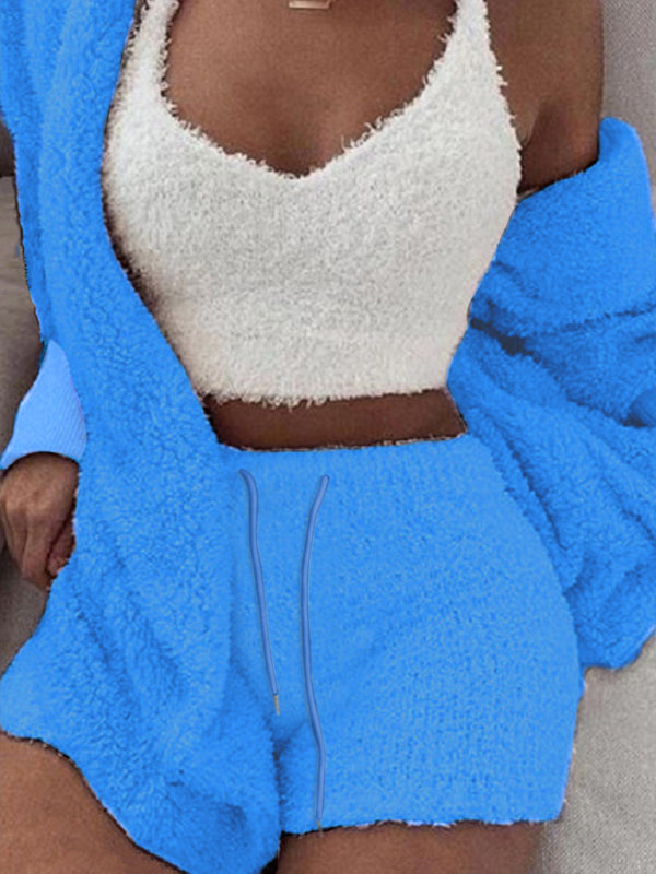 Plush Homewear Casual 3-piece Pajamas Long Sleeve Navel Vest Shorts Set
