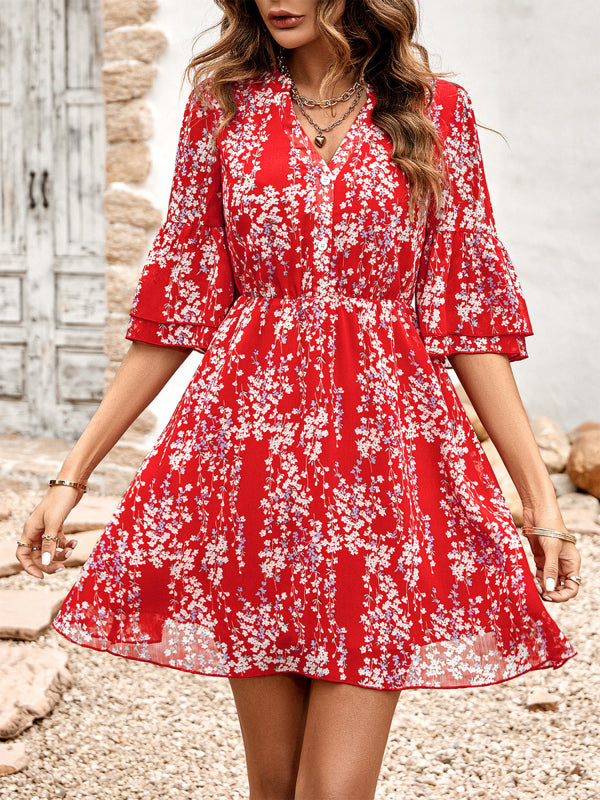 Women's fashion casual V-neck half-sleeve printed dress for women