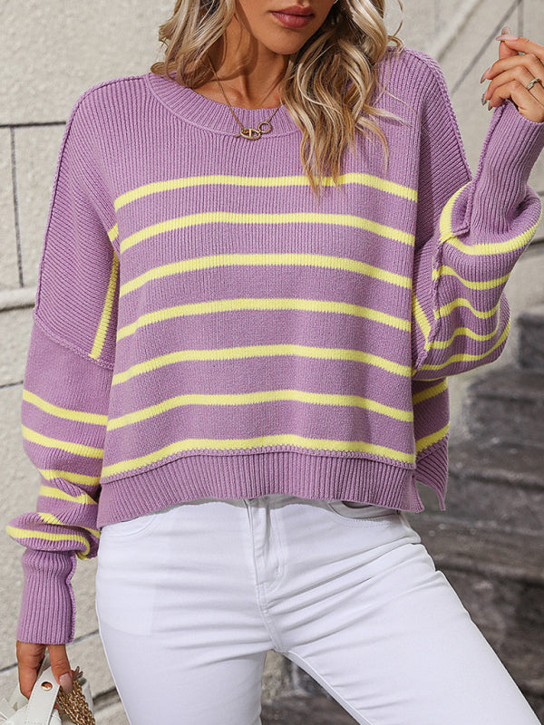 women's round neck knitted sweater loose pullover striped sweater